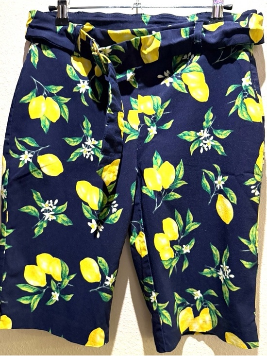 Attyre Pants - Attyre Navy Bermuda Shorts sz 6,Lemons & Leaf Print Country Artsy Cottage Fruit